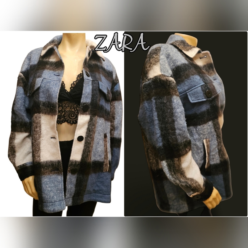 Zara Italian Fabric Faux Wool Blue Plaid Coat Size Small NWT